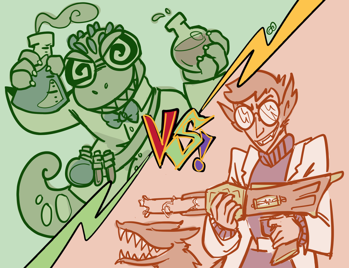 Dr. Mutable and Dr. Hyland facing off as a cartoonish VERSUS screen; Dr. Mutable is brandishing potion-like concoctions in scientific flasks, while Dr. Hyland is wielding a weird gun crackling with electric bolts. Both are obviously having the time of their lives.