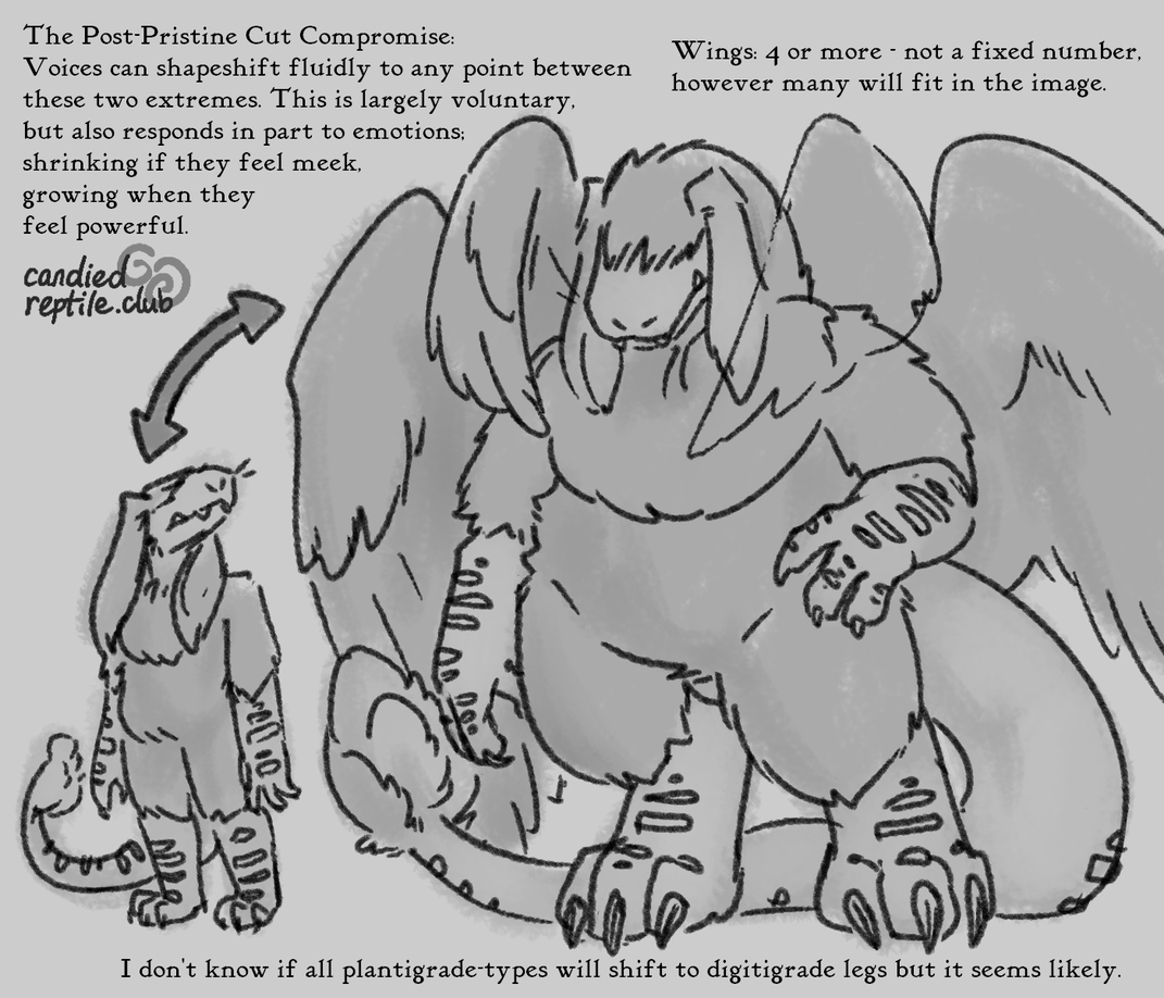 A diagram depicting what I call 'the Post-Pristine Cut Compromise,' namely that the Voices can shapeshift between the forms depicted above and a larger, more heavyset form with multiple sets of wings.