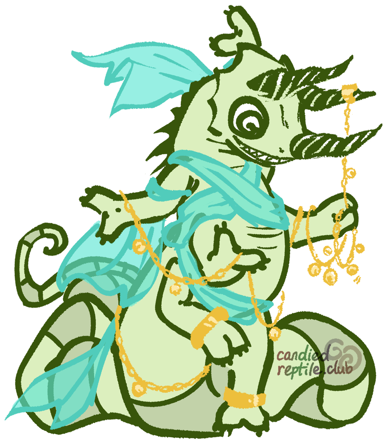 Kokabiel dancing, draped with gauzy scarves and fine gold chains.