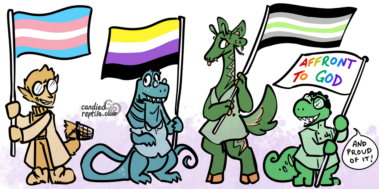 Dr. Hyland, Dr. Frillneck, Random, and Dr. Mutable standing in a line with pride flags for their respective identities. The flags are listed below.