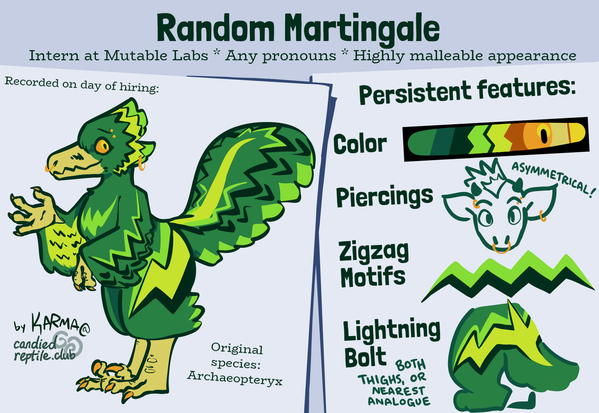 Random's ref sheet, which shows their original body but mostly focuses on their persistent traits.