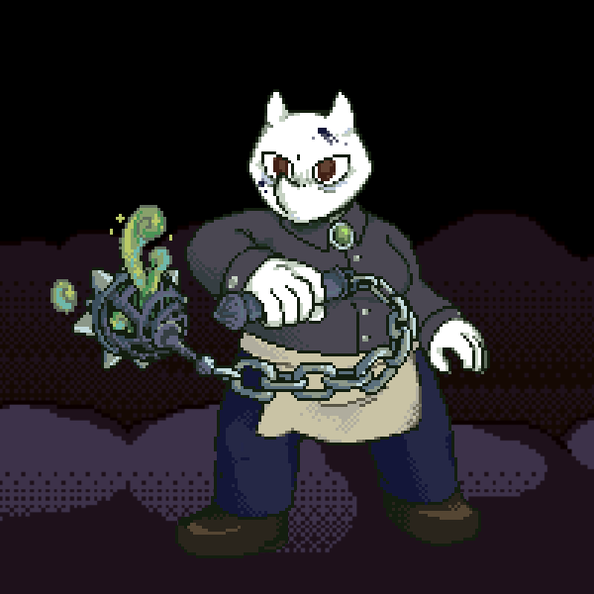 In the style of an in-game combat sprite, Record wielding their service weapon.