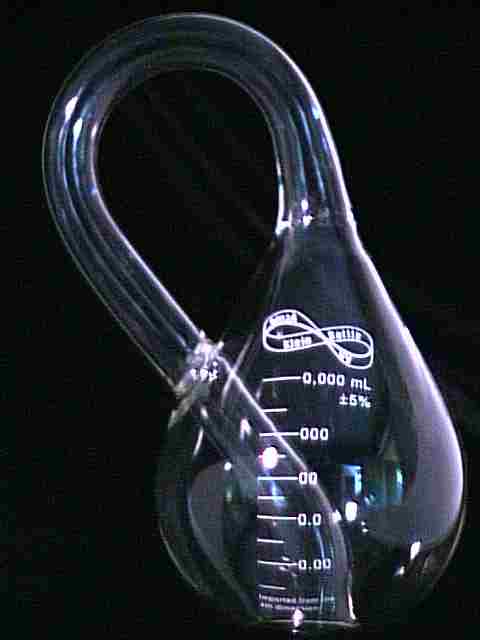 A glass klein bottle. It has graduated scale markings; all the values are 0 mL.