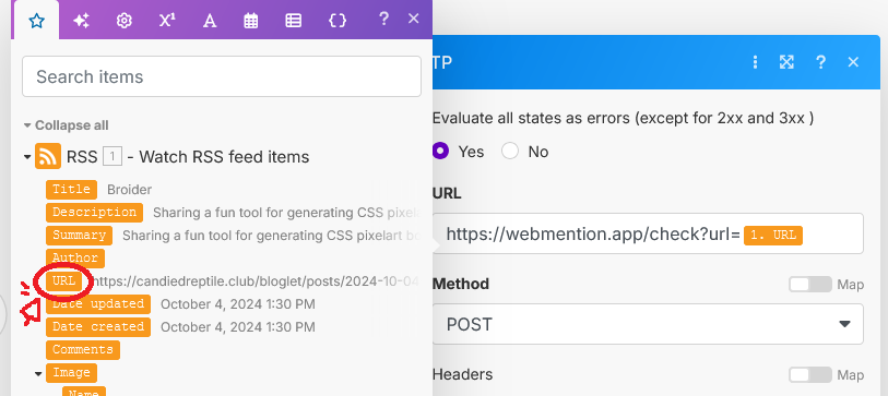 Screenshot of the HTTP module. Tokens representing the various aspects of the RSS feed entries are listed to the left of the input box. URL is circled, indicating you should click that one. You want the one highest in the list, at the root, not the Source or Image URL.