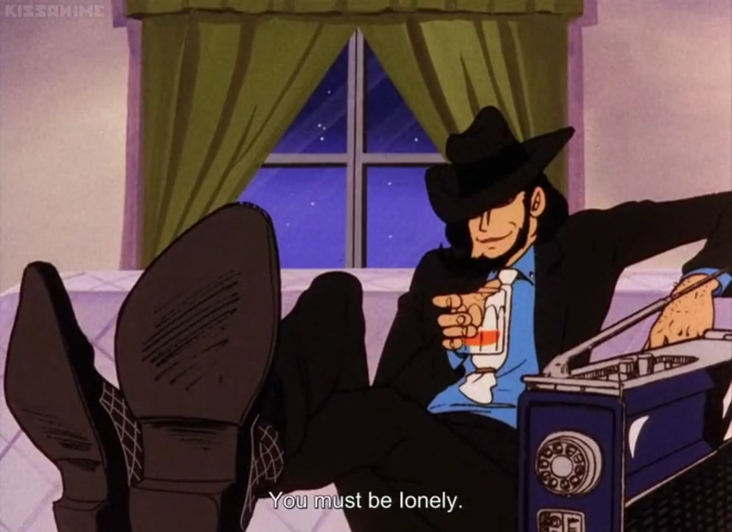 Jigen screencap from Part 1 episode 5. Subtitle reads 'You must be lonely.'